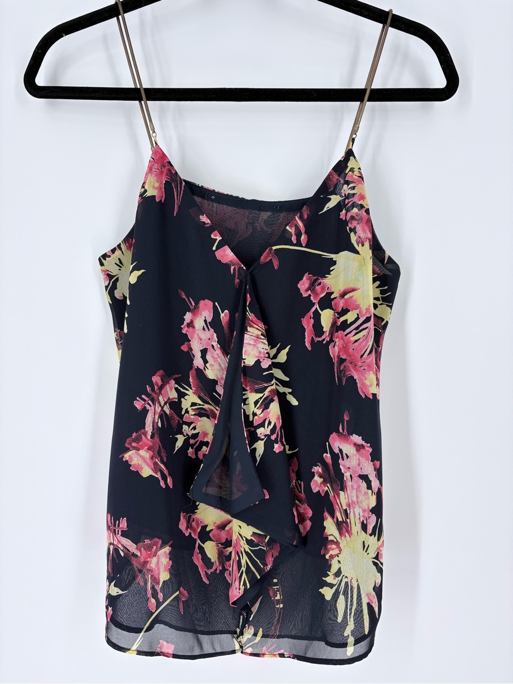 Y2K Floral Whimsygoth Ruffle Satin Cami Tank Shirt Flowy Chain Strap Women Small